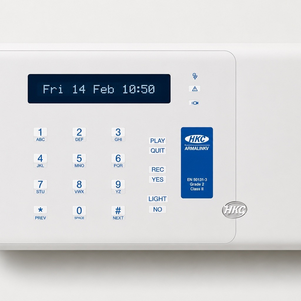 Alarm keypad installed in a clean hallway