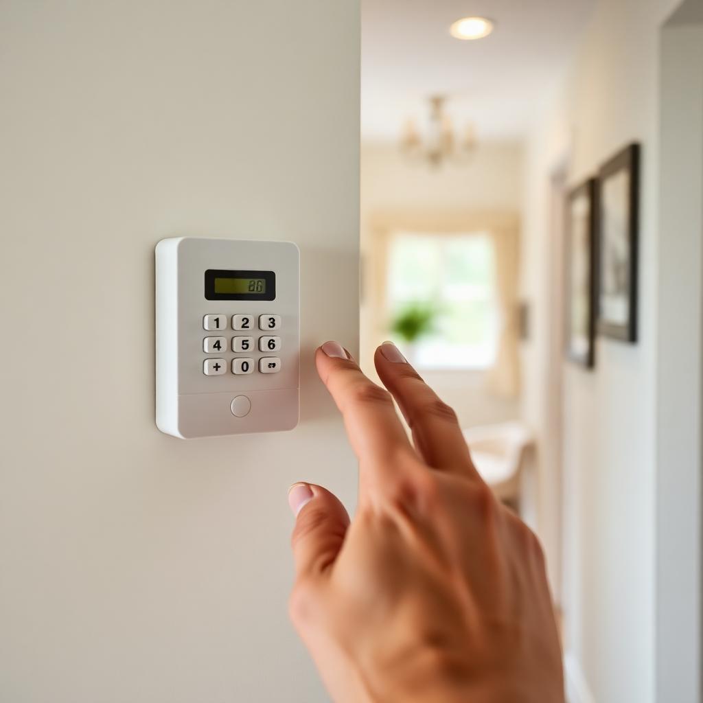 Alarm keypad installed in a clean hallway